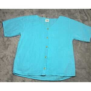 Maya Jones Cotton Beach Button Front Top Women's Large Blue Hand Made Classic